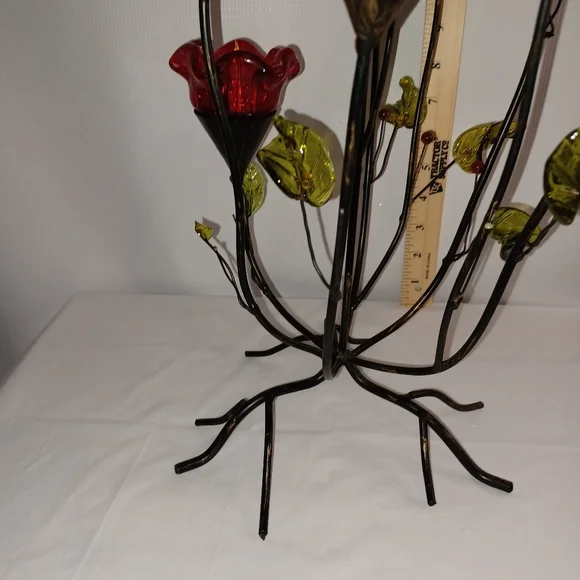 Elegant Vintage Floral Glass & Wrought Iron Tealight Holder Art Sculpture Decor - Picture 3 of 12